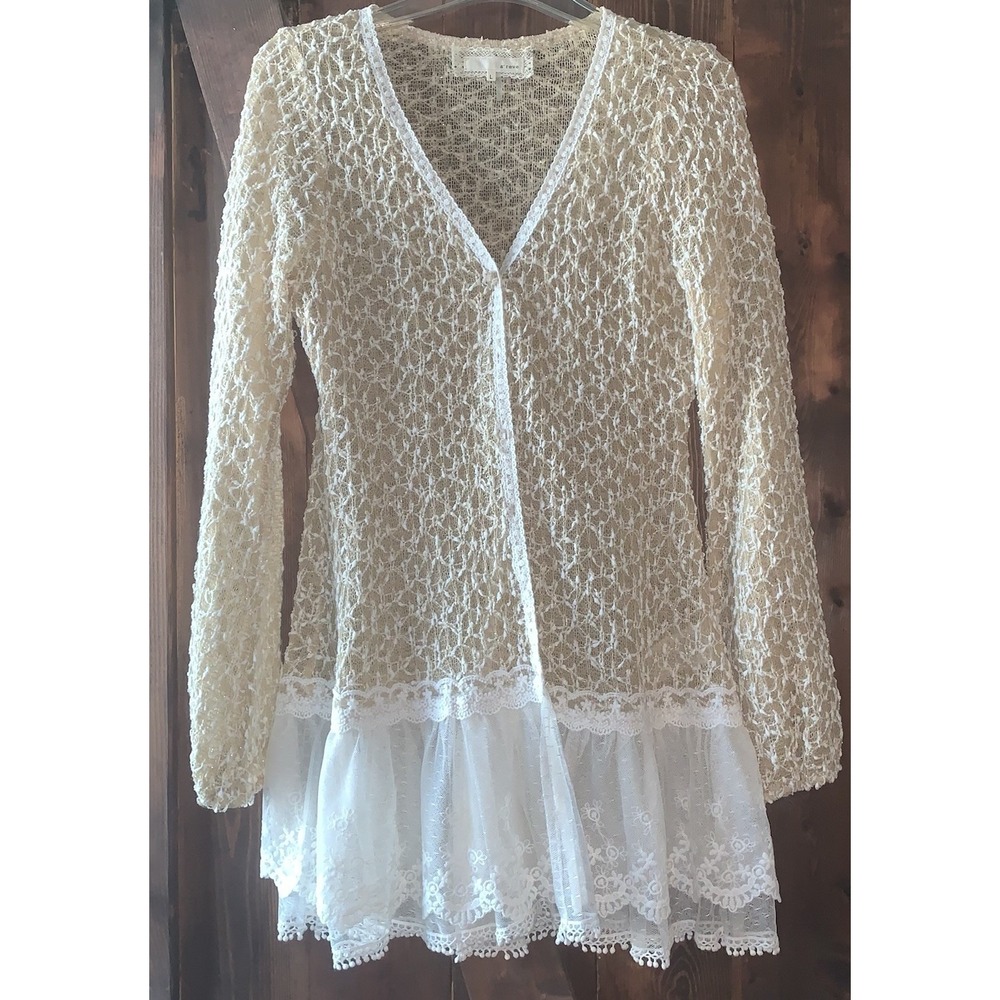 A'Reve Cardigan Gold Duster Honeycomb‎ Pattern Button Lace Maxi  Kimono  L
